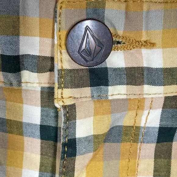 Volcom Frickin Mini Check Stretch Shorts Yellow Gray Plaid Mens Size 30 - Picture 3 of 8